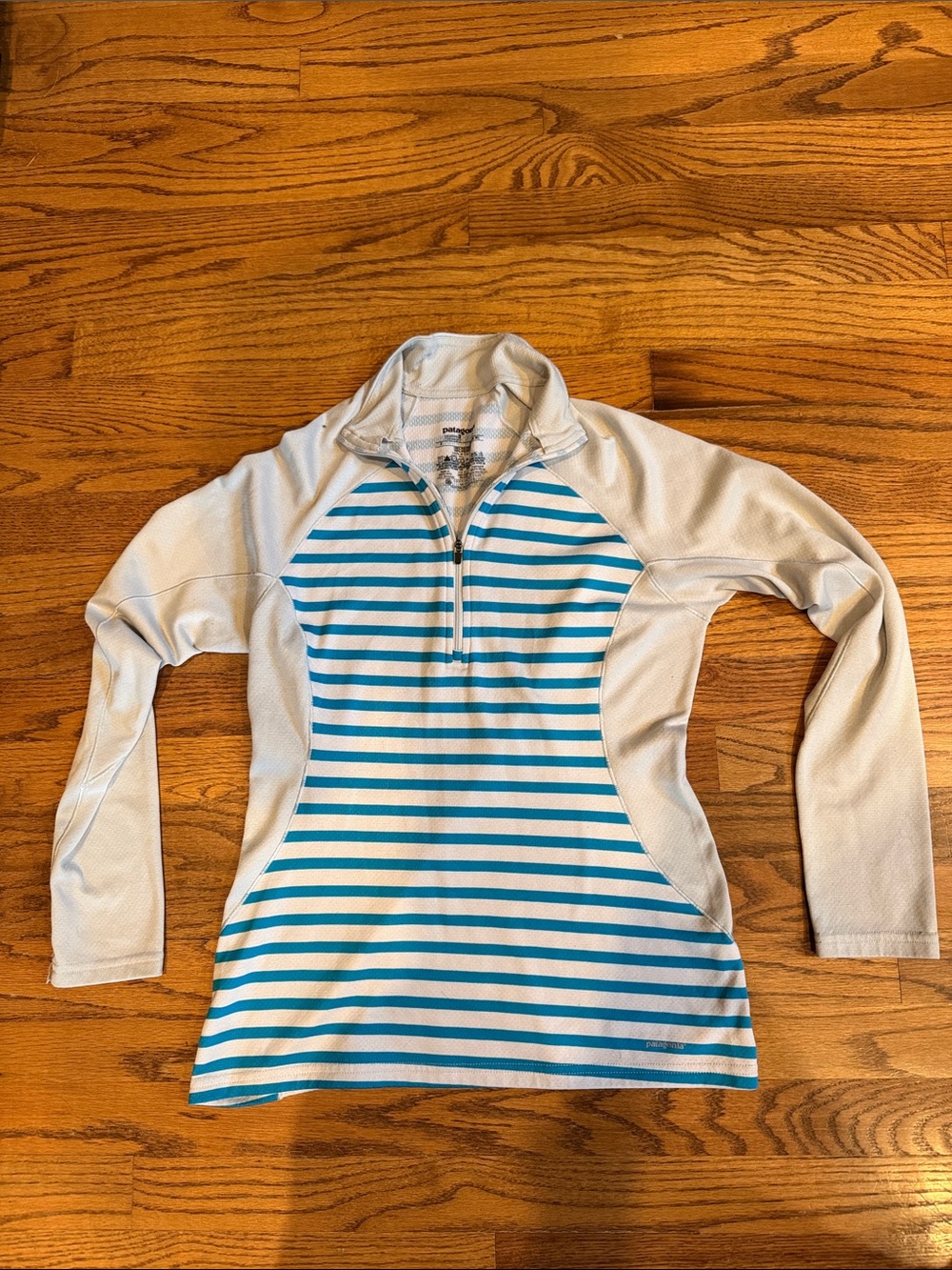 Patagonia Striped Quarter-Zip Pullover in White and Teal Blue